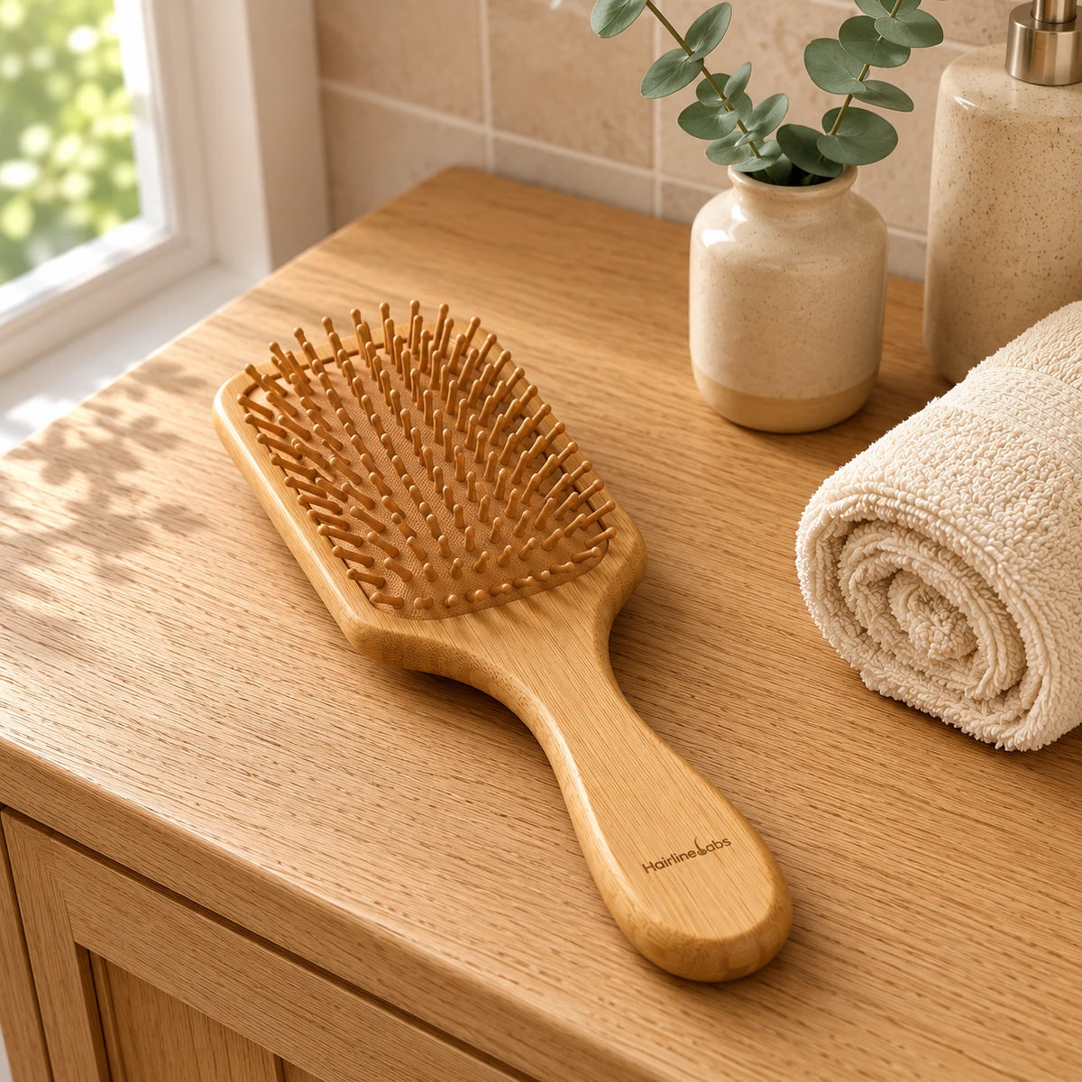 Wooden Paddle Hair Brush with Rounded Bamboo Pins